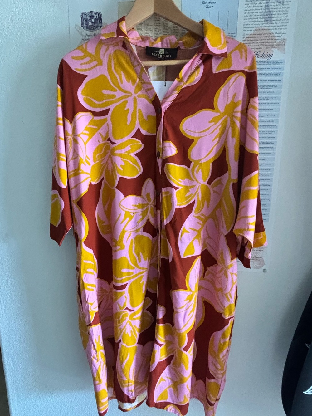 Lex Breezy Aloha Button-Front Shirt Dress - Pink & Mustard